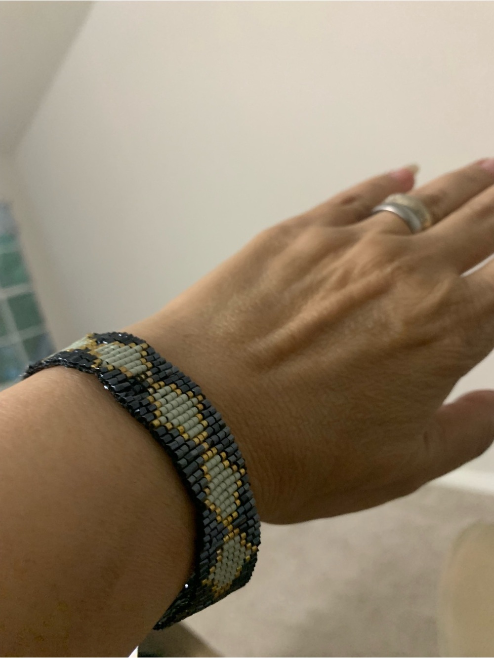 Handwoven Blue, Gray & Gold Seed Bead Bracelet - Unbranded